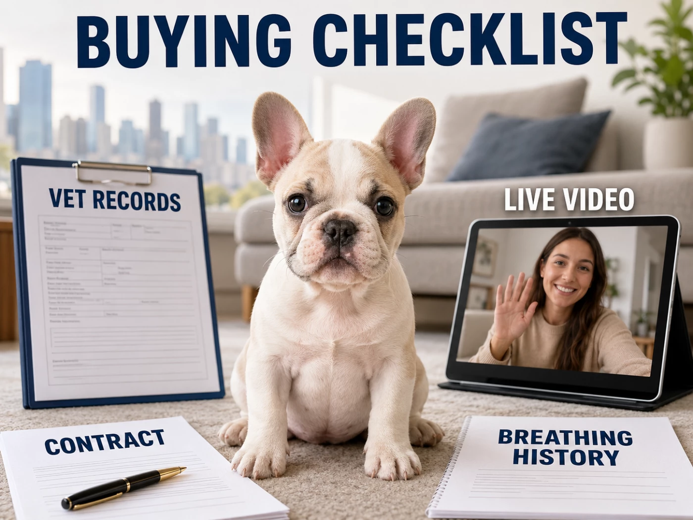 French Bulldog puppy with buying checklist documents